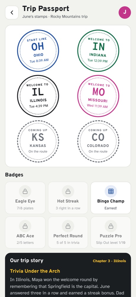 June's Trip Passport: stamps for Ohio, Indiana, Illinois and Missouri, Kansas and Colorado coming up, badges, and a story chapter.